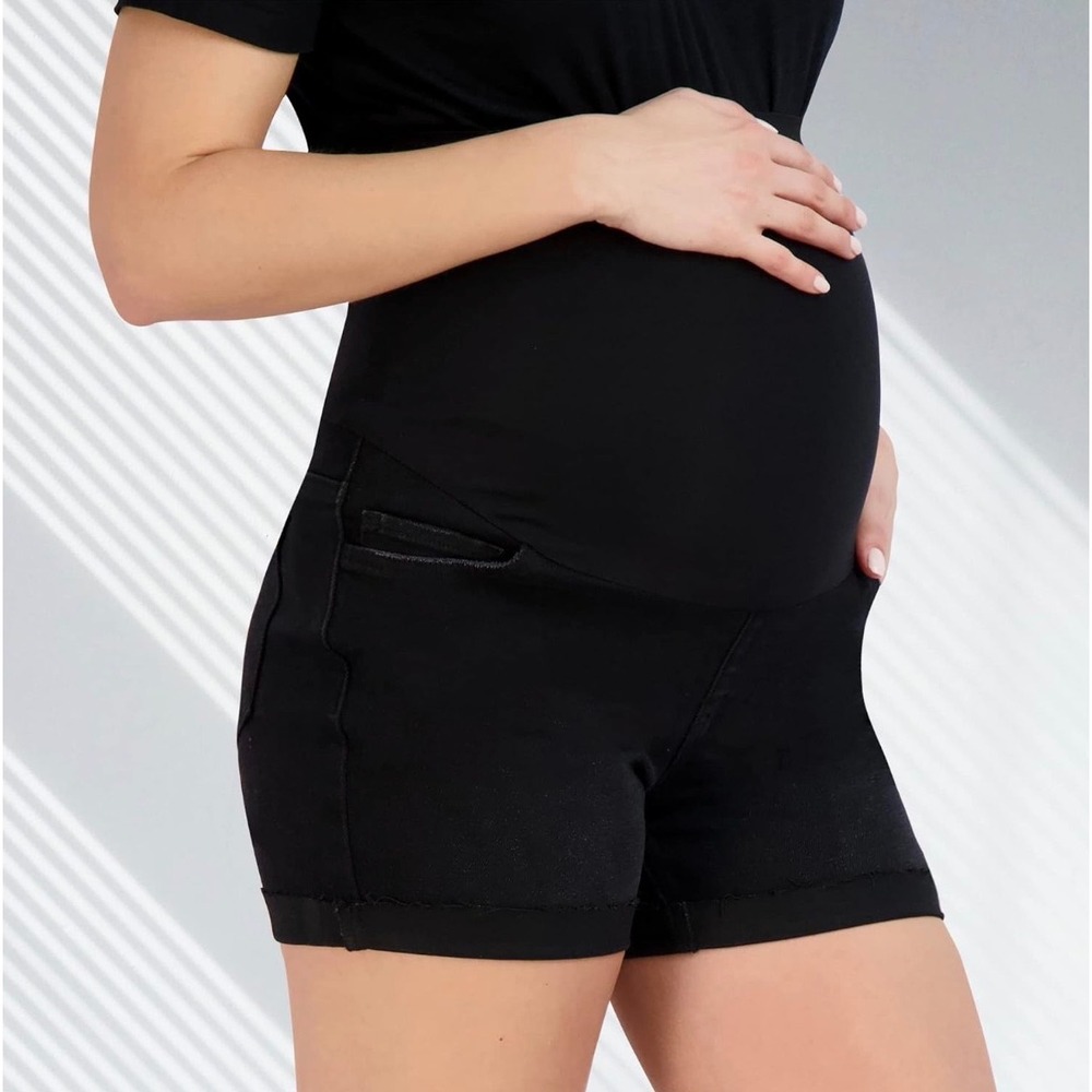 Savi Parker Black Denim Maternity Shorts High Rise Belly Band